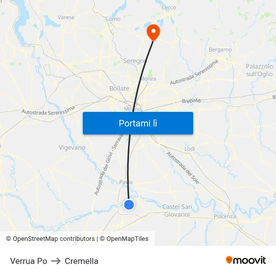 Verrua Po to Cremella map