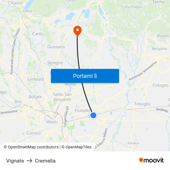 Vignate to Cremella map