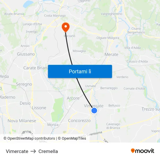 Vimercate to Cremella map