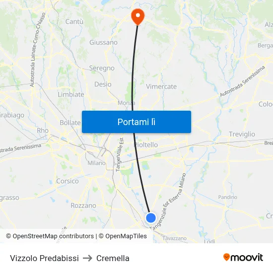 Vizzolo Predabissi to Cremella map