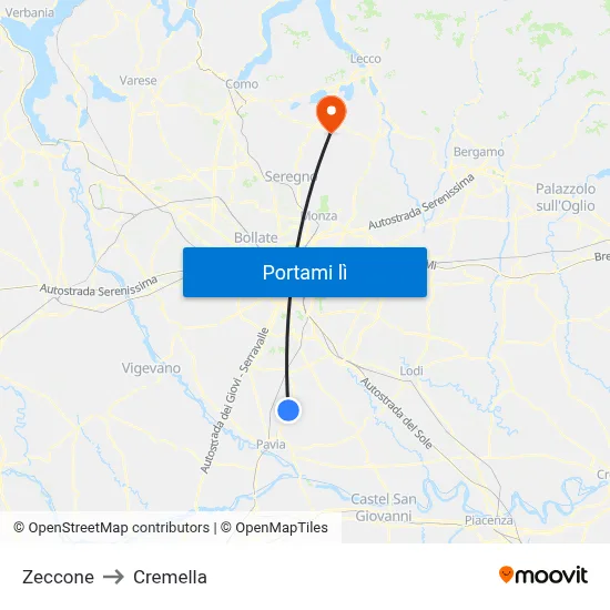 Zeccone to Cremella map