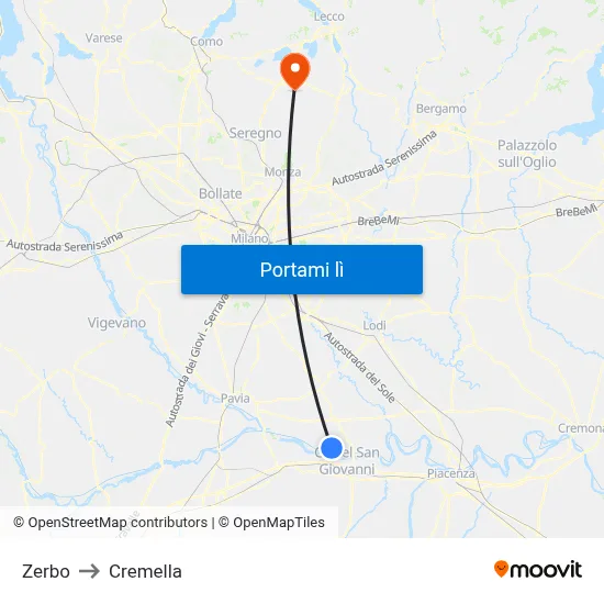 Zerbo to Cremella map