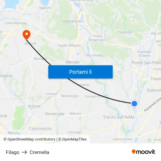 Filago to Cremella map