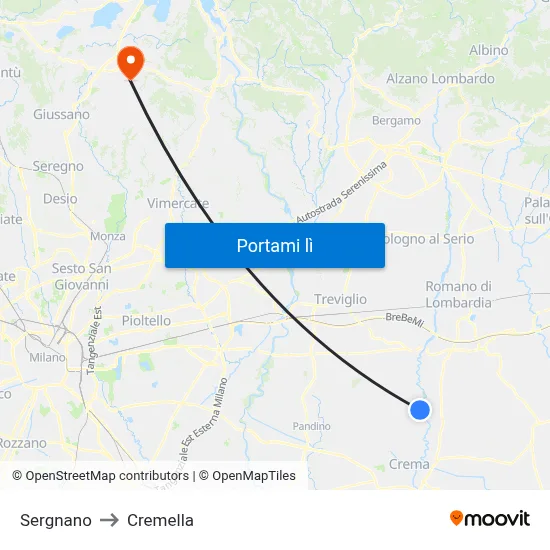 Sergnano to Cremella map