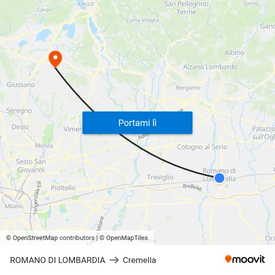 ROMANO DI LOMBARDIA to Cremella map