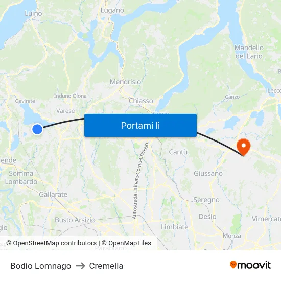 Bodio Lomnago to Cremella map