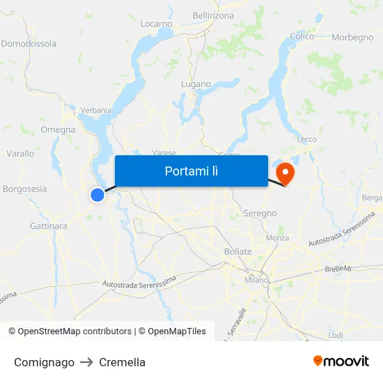 Comignago to Cremella map