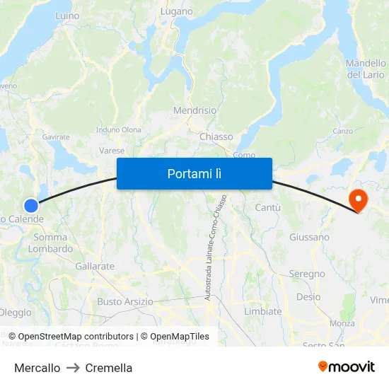 Mercallo to Cremella map