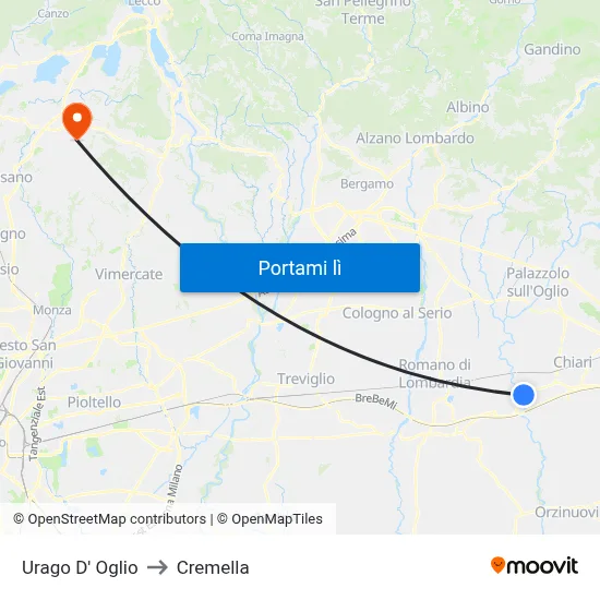 Urago D' Oglio to Cremella map