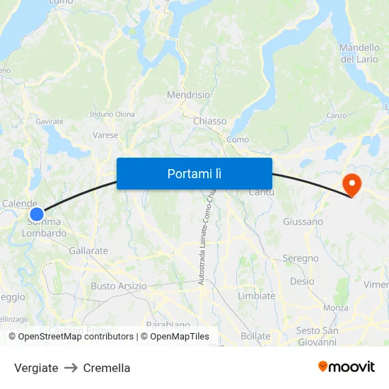 Vergiate to Cremella map