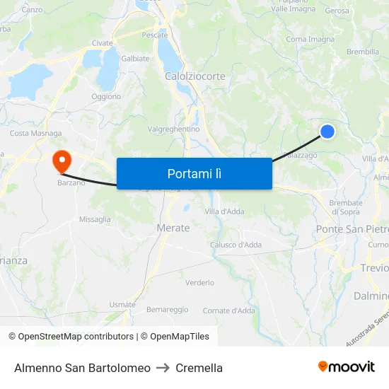 Almenno San Bartolomeo to Cremella map