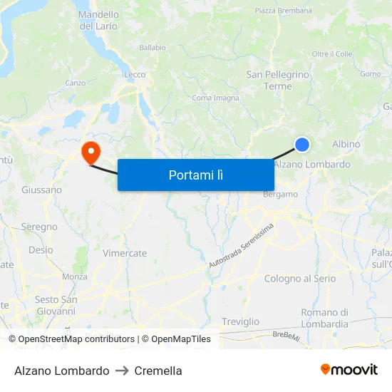 Alzano Lombardo to Cremella map