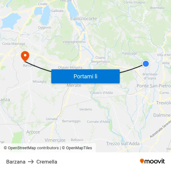 Barzana to Cremella map