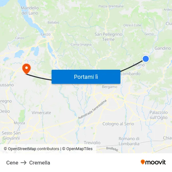 Cene to Cremella map