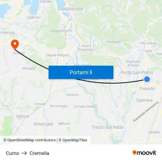 Curno to Cremella map