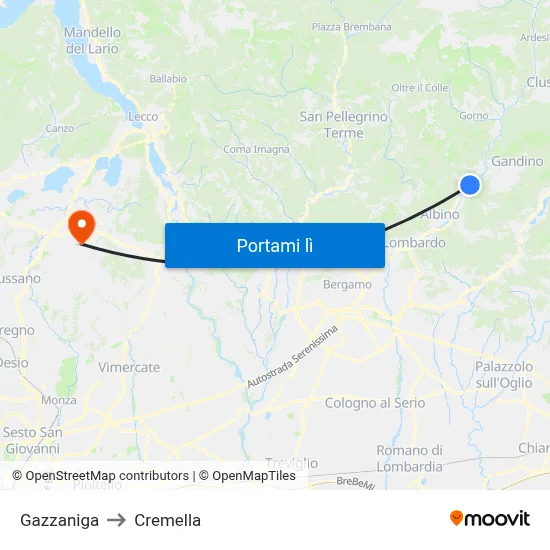 Gazzaniga to Cremella map