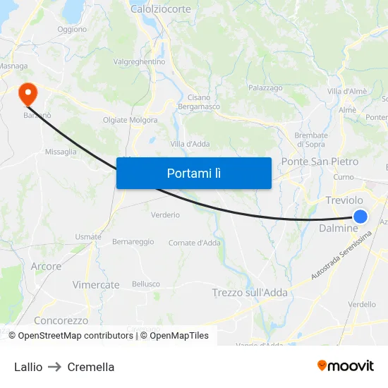 Lallio to Cremella map