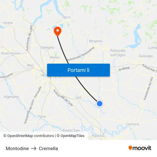 Montodine to Cremella map