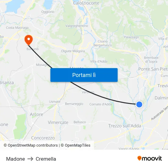 Madone to Cremella map
