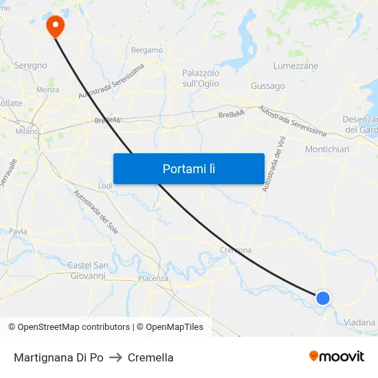 Martignana Di Po to Cremella map