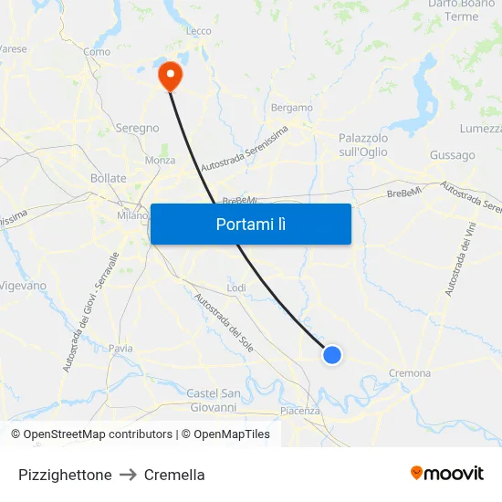 Pizzighettone to Cremella map
