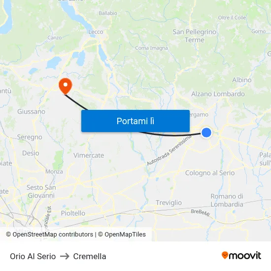 Orio Al Serio to Cremella map