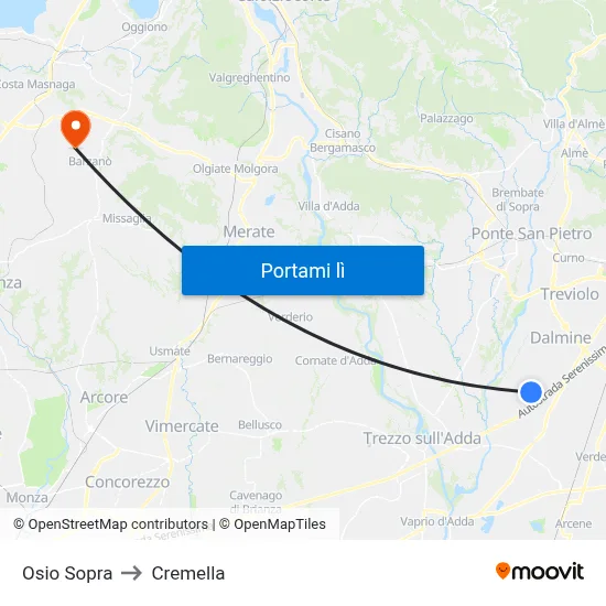 Osio Sopra to Cremella map