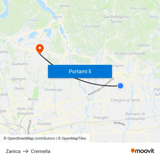 Zanica to Cremella map