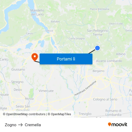 Zogno to Cremella map