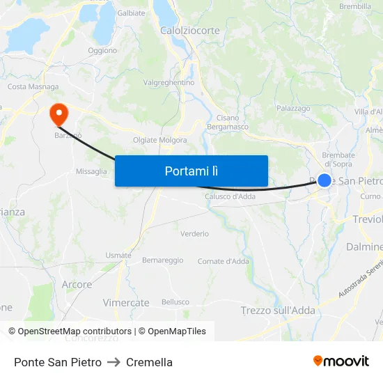 Ponte San Pietro to Cremella map
