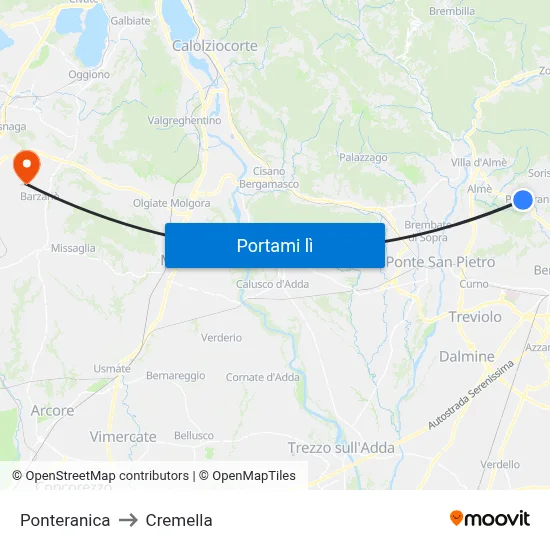 Ponteranica to Cremella map