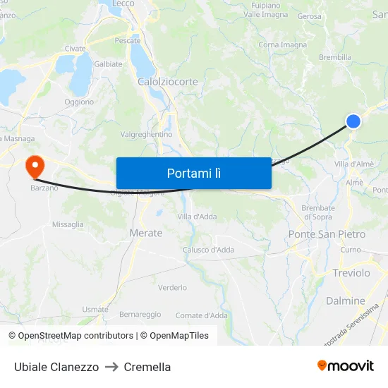 Ubiale Clanezzo to Cremella map