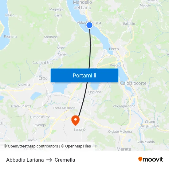 Abbadia Lariana to Cremella map