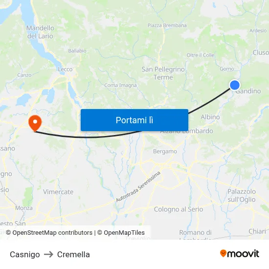 Casnigo to Cremella map