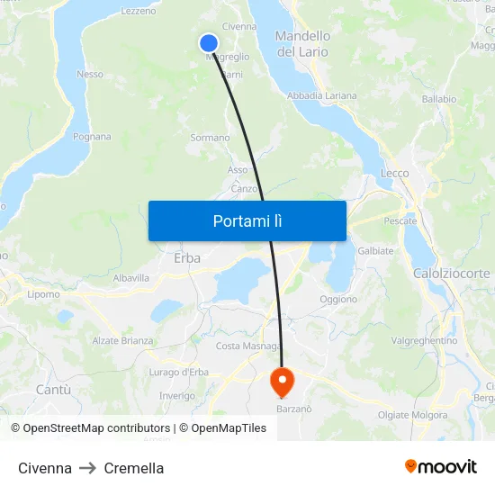 Civenna to Cremella map