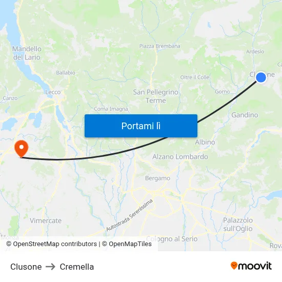 Clusone to Cremella map