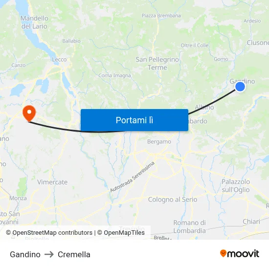 Gandino to Cremella map