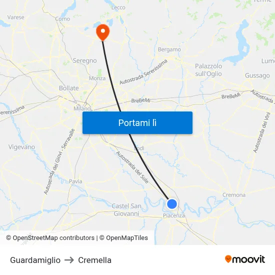 Guardamiglio to Cremella map