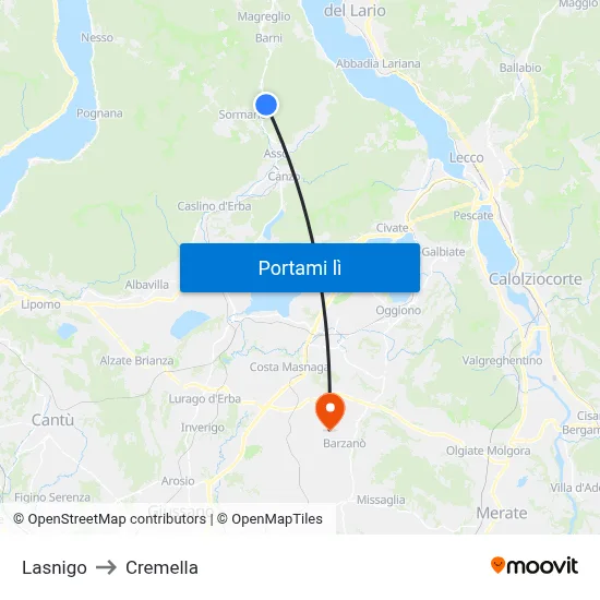 Lasnigo to Cremella map