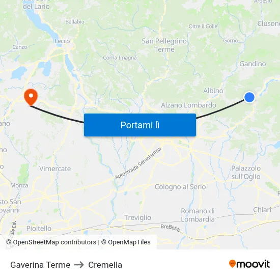 Gaverina Terme to Cremella map