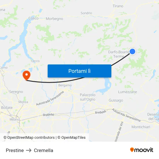 Prestine to Cremella map