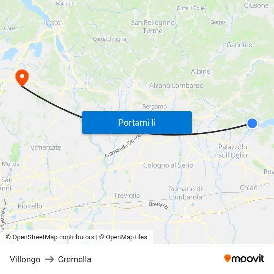 Villongo to Cremella map