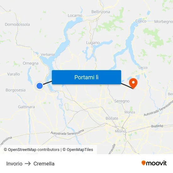 Invorio to Cremella map