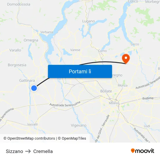 Sizzano to Cremella map