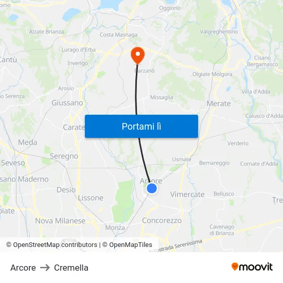 Arcore to Cremella map