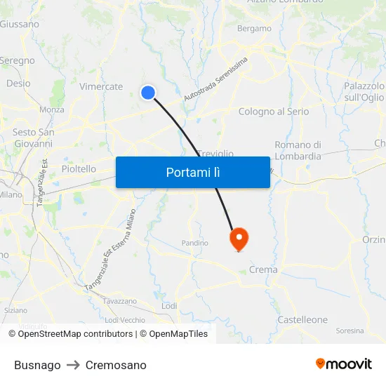 Busnago to Cremosano map