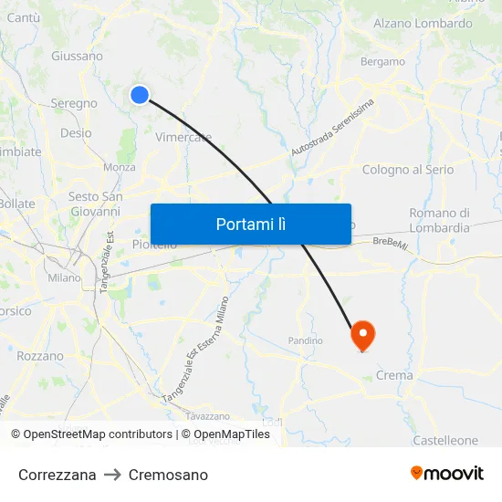 Correzzana to Cremosano map