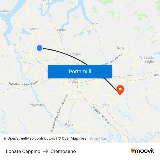 Lonate Ceppino to Cremosano map