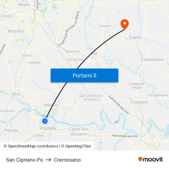 San Cipriano Po to Cremosano map