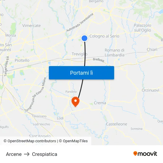 Arcene to Crespiatica map